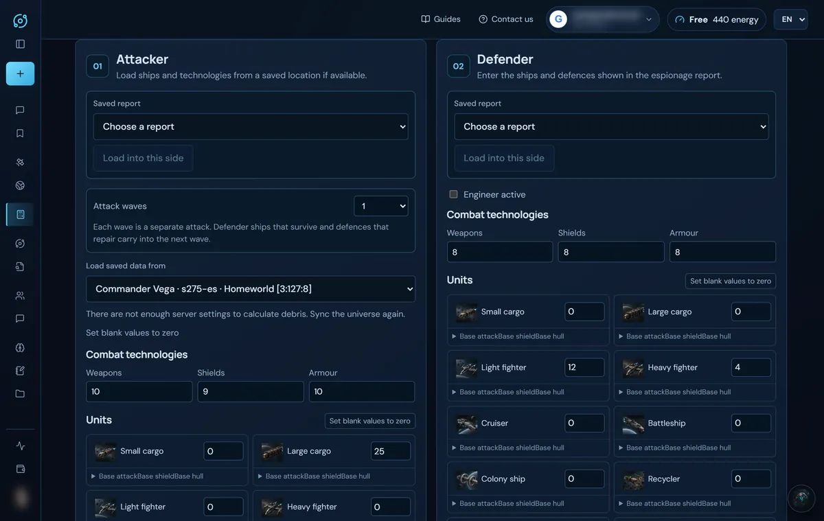 Battle simulator: attacker with its saved origin and defender with the report's units
