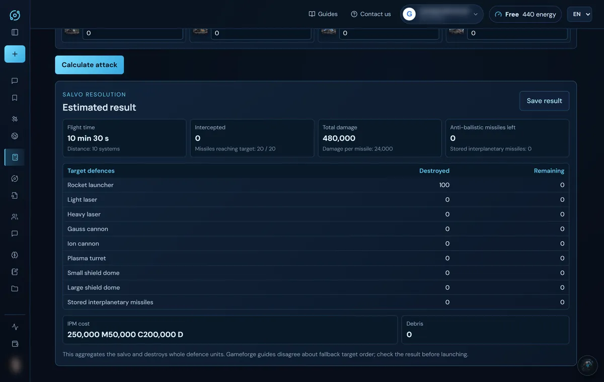 Salvo result: flight time, damage, destroyed defences and cost