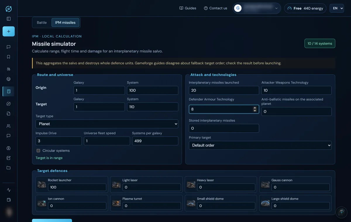 Missile simulator: route, range, technologies and target defences