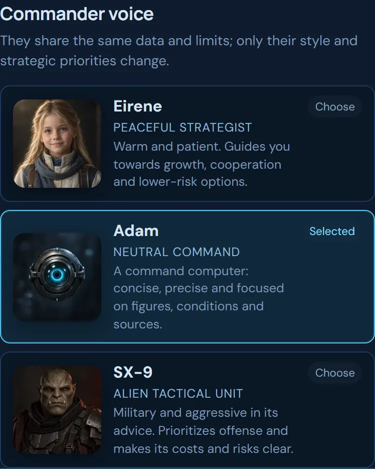 Commander voice selector with Eirene, Adam and SX-9
