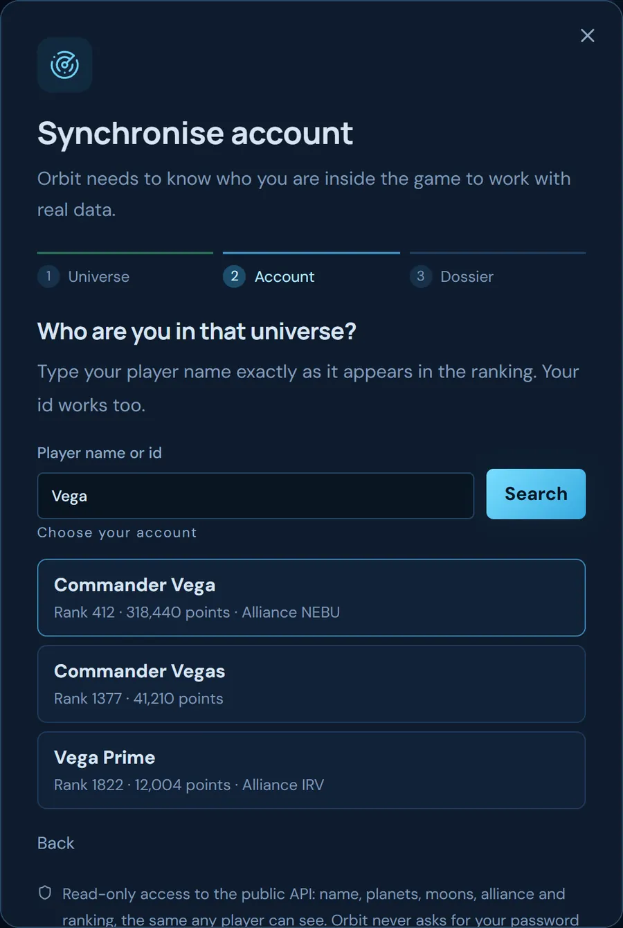 Step 2 of synchronisation: player search results