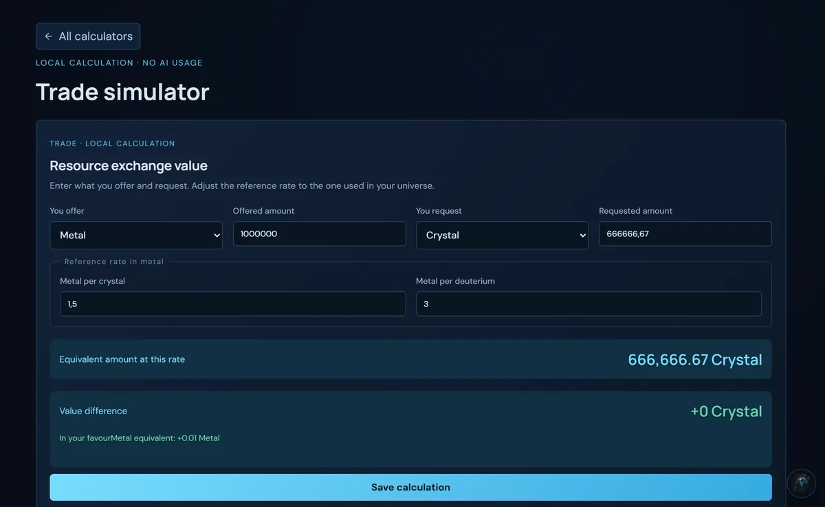 Trade simulator: offer, request, rates and value difference