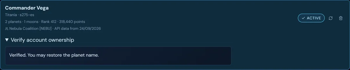 Account verified: you may restore the planet name